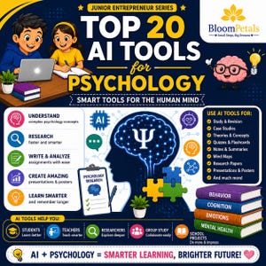May include: An educational infographic titled Top 20 AI Tools for Psychology, featuring illustrations of students, a brain character, and a stack of books labelled Behaviour, Cognition, Emotions, and Mental Health, with text detailing AI applications.