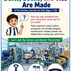 May include: An educational poster titled How School Belts, Socks, and Ties Are Made, featuring a cartoon student and an illustrated factory scene showing workers manufacturing school uniform accessories, with icons of a tie, socks, and a belt.