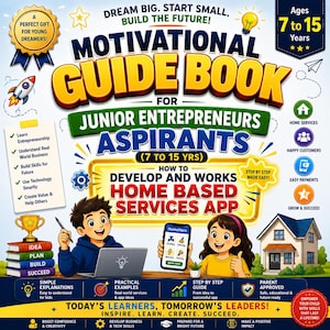 Könnte beinhalten: Ein farbenfrohes Buchcover mit dem Titel Motivational Guide Book for Junior Entrepreneurs Aspirants. Es zeigt Illustrationen von zwei Kindern, einem Laptop, einem Smartphone mit der HomeHero-App, einem Haus und einem Stapel Bücher mit Pokal.