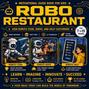 May include: A dark blue book cover titled ROBO RESTAURANT, a motivational guide for kids aged 7 to 15. It features yellow text, robot icons, and three illustrations showing robots cooking, serving food to children, and helping a child use a digital kiosk.