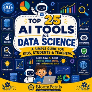 May include: A dark blue educational poster titled Top 25 AI Tools for Data Science: A Simple Guide for Kids, Students & Teachers. It features a cartoon child with a laptop, a small robot, and various icons representing data tasks like collect, clean, and analyse.