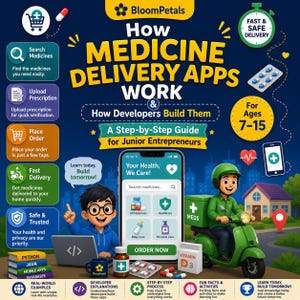 May include: An educational infographic titled How Medicine Delivery Apps Work & How Developers Build Them, featuring a cartoon character with a laptop, a delivery person on a green scooter, app interface icons, and text for ages 7-15.