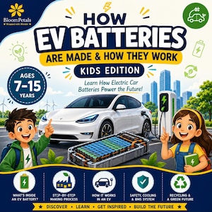 Könnte beinhalten: Ein Buchcover mit dem Titel How EV Batteries Are Made & How They Work Kids Edition, das ein weißes Elektroauto, eine Ladestation, einen Batteriepack und zwei Zeichentrickkinder zeigt. Der Text enthält Ages 7-15 Years und BloomPetals.
