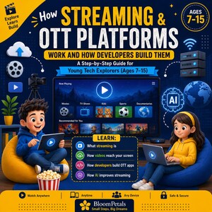 May include: A book cover titled How Streaming & OTT Platforms Work and How Developers Build Them, featuring two children sitting on beanbags using a tablet and laptop. The design includes icons, a television screen, and text for ages 7-15.