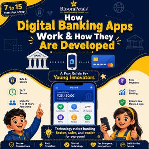 May include: An educational infographic titled How Digital Banking Apps Work & How They Are Developed, featuring a smartphone displaying a banking interface with a balance of ₹25,430.00, surrounded by icons and illustrations of children.