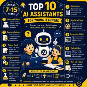 Topp 10 AI-assistenter för unga elever | AI-inlärningsguide för barn i åldrarna 7–15 | Arbetsbok i pedagogisk teknik | Digital nedladdning i PDF-format |