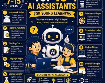 May include: An educational infographic titled Top 10 AI Assistants for Young Learners, featuring a central white robot with a child on each side using a laptop and notebook. The dark blue poster lists ten numbered AI roles with icons and descriptions.