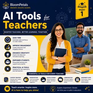 May include: A promotional graphic titled AI Tools for Teachers featuring a yellow and dark blue color scheme. It includes text about educational technology, icons for various teaching tasks, and images of two educators in a classroom setting.