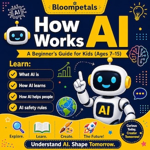 Puede incluir: Una portada de libro educativo azul oscuro titulada How Works AI: A Beginner's Guide for Kids (Ages 7-15) de Bloompetals. Presenta un robot blanco con ojos azules, un globo terráqueo, iconos de bombilla, cerebro y cohete, y texto sobre IA.