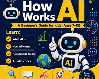 May include: A dark blue educational book cover titled How Works AI: A Beginner's Guide for Kids (Ages 7-15) by Bloompetals. It features a white robot with blue eyes, a globe, icons of a lightbulb, brain, and rocket, plus text about learning AI.