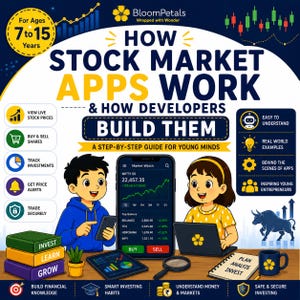 May include: An educational poster titled How Stock Market Apps Work & How Developers Build Them, featuring illustrations of two children with a smartphone, laptop, tablet, and books. The design includes icons, charts, and text for ages 7 to 15.
