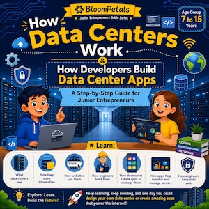 May include: A colourful educational book cover titled How Data Centers Work & How Developers Build Data Center Apps, featuring illustrations of two children with a laptop and tablet, surrounded by icons of servers, code, and network symbols.
