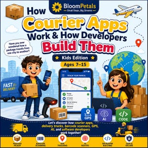 May include: An educational poster titled How Courier Apps Work & How Developers Build Them Kids Edition Ages 7-15. It features cartoon characters, a smartphone showing a tracking interface, a delivery truck, a globe, and icons for GPS, AI, and code.