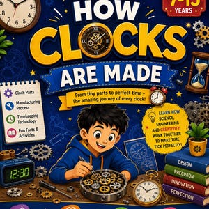 May include: A book cover titled How Clocks Are Made by BloomPetals, featuring a cartoon character assembling clock gears. The cover includes illustrations of a wall clock, hourglass, digital clock, and stacked books labeled Design, Precision, Innovation, and Perfection.
