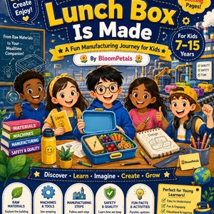 May include: A colorful educational book titled How Your Lunch Box Is Made by BloomPetals, featuring five diverse children in a factory setting. The cover displays a blue lunch box with food, a design notebook, and icons for raw materials and safety.