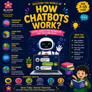 May include: An educational poster titled Discover the World of How Chatbots Work? for ages 7-15. It features a white robot, a laptop displaying a chat interface, and a child reading a book. The dark blue background includes icons for education, healthcare, shopping, games, travel, and customer support, with text explaining chatbot technology.