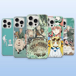 May include: Five smartphone cases featuring Spy x Family anime illustrations. The designs include characters like Loid, Yor, and Anya Forger, along with Bond the dog, depicted in various scenes including a roller coaster ride and comic-style panels.