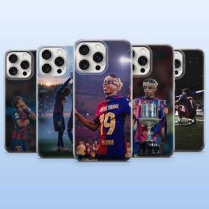 May include: A collection of five clear smartphone cases featuring various photographic prints of a football player wearing a blue and red jersey with the number 19 and the name Lamine Yamal, displayed against a stadium background.