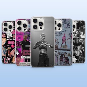 May include: Five clear smartphone cases featuring various graphic designs of the musician Machine Gun Kelly. The designs include black and white photo collages, pink and black punk-inspired posters, and a central case showing a monochrome portrait.