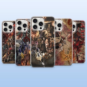 May include: A collection of five phone cases with unique designs. Each case features a different collage of fantasy-themed artwork in various colors, including red, brown, and blue. The cases are made of clear plastic.