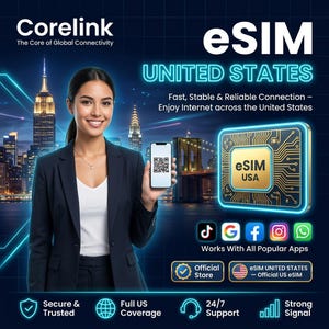 Może przedstawiać: Reklama Corelink eSIM w Stanach Zjednoczonych. Obraz przedstawia kobietę trzymającą smartfon z kodem QR, grafiką obwodu drukowanego i tekstem "eSIM UNITED STATES". Reklama obiecuje szybkie, stabilne i niezawodne połączenie internetowe.