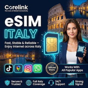 Op de afbeelding: Promotieafbeelding voor Corelink eSIM Italië. De afbeelding toont de tekst "eSIM ITALY" in grote, witte letters met een blauwe gloed, een simkaartafbeelding en een vrouw die een telefoon met een QR-code vasthoudt. Extra tekst is "Fast, Stable & Reliable - Enjoy Internet across Italy."