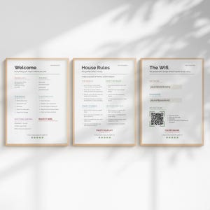Peut inclure: Trois panneaux blancs encadrés avec du texte noir. Le premier panneau est intitulé Welcome, le deuxième House Rules et le troisième The Wifi. Chaque panneau comprend des instructions détaillées, des listes à puces et une étoile à cinq branches.