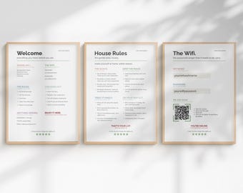 Peut inclure: Trois panneaux blancs encadrés avec du texte noir. Le premier panneau est intitulé Welcome, le deuxième House Rules et le troisième The Wifi. Chaque panneau comprend des instructions détaillées, des listes à puces et une étoile à cinq branches.