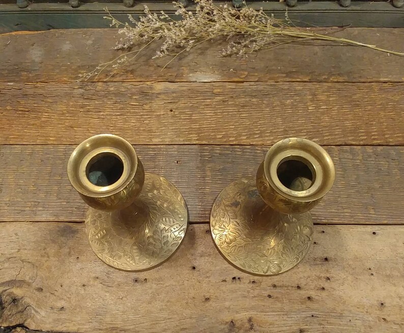 Great Vintage Boho Bohemian Pair of Etched Brass Candlestick Holders Candle Holders Made in India Set of Two