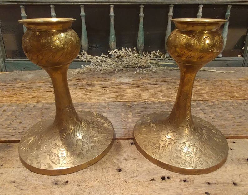 Great Vintage Boho Bohemian Pair of Etched Brass Candlestick Holders Candle Holders Made in India Set of Two