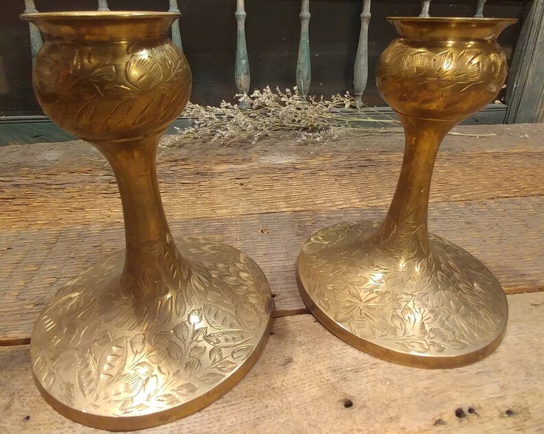 Great Vintage Boho Bohemian Pair of Etched Brass Candlestick Holders Candle Holders Made in India Set of Two