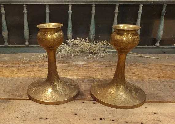 Great Vintage Boho Bohemian Pair of Etched Brass Candlestick Holders Candle Holders Made in India Set of Two