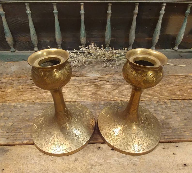 Great Vintage Boho Bohemian Pair of Etched Brass Candlestick Holders Candle Holders Made in India Set of Two