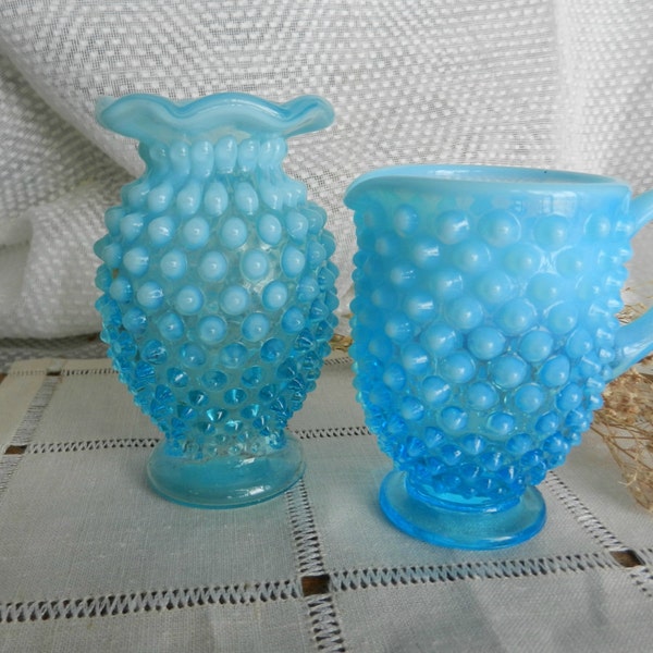 Pretty Vintage Pair of Mint Condition Blue Hobnail Collectibles, Bud Vase and Creamer