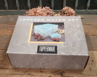 Vintage Tupperware Freezer Mates Set / New Old Stock / Original Box / Complete / Blue and Clear / Six Containers with Lids / Various Sizes