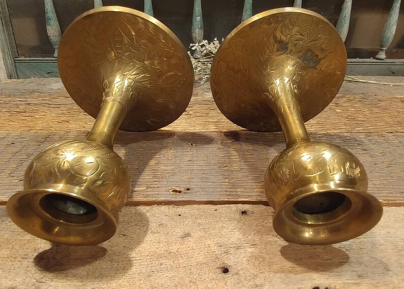 Great Vintage Boho Bohemian Pair of Etched Brass Candlestick Holders Candle Holders Made in India Set of Two