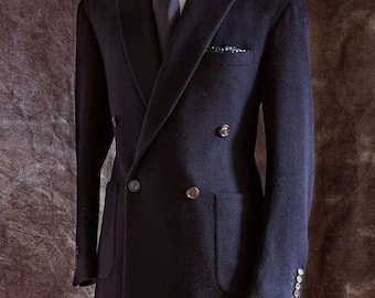 Abrigo largo de mezcla de lana para hombre, azul marino, abrigo de invierno de doble botonadura, abrigo con solapa de pico, abrigo formal de negocios, chaqueta de invierno para exteriores,