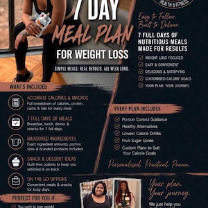 Puede incluir: Un folleto digital para un plan de comidas de 7 días para perder peso. El texto incluye: EAT SMART. LOSE WEIGHT. 7 DAY MEAL PLAN FOR WEIGHT LOSS. WHAT'S INCLUDED: ACCURATE CALORIES & MACROS, 7 FULL DAYS OF MEALS, MEASURED INGREDIENTS, SNACK & DESSERT IDEAS.