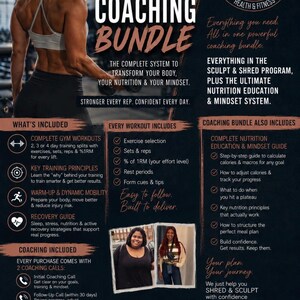 May include: A digital flyer for a coaching bundle featuring a person exercising, text detailing workout and nutrition programs, and two small photographs of individuals. The layout includes sections for what is included, coaching details, and plan benefits.