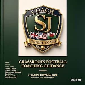 May include: A dark green book cover titled Grassroots Football Coaching Guidance. It features a gold and dark blue shield emblem with the text Coach SJ Global Coach, three small flags, and a soccer ball. Text includes SJ Global Football Club.