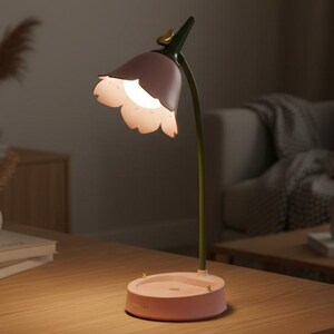 Pink Flower Desk Lamp, Rechargeable LED Touch Light, Adjustable Reading Lamp, Cute Bedside Night Light, Dorm Room Decor Gift