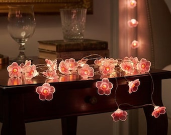 Pink Cherry Blossom String Lights, 2M 20 LED Flower Fairy Lights, Battery Operated Floral Garland, Bedroom Wedding Home Decor