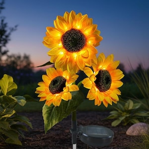 May include: A solar-powered garden stake featuring three artificial sunflowers with bright yellow petals and dark centers. Each flower contains integrated LED lights that emit a warm glow. The stake includes a black solar panel base.