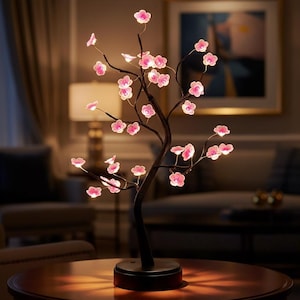 Puede incluir: Una lámpara de árbol LED decorativa con un tronco y ramas de color marrón oscuro adornados con numerosas flores de cerezo rosas pequeñas y brillantes. El árbol está montado sobre una base circular y emite una luz suave desde cada flor.
