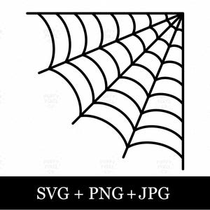 May include: A black and white graphic illustration of a spider web corner design. The web features radiating lines connected by curved segments. Below the graphic, the text reads SVG + PNG + JPG in a bold, white, sans-serif font.