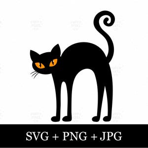 Puede incluir: Una silueta de gato negro con la espalda arqueada y la cola enroscada, con ojos de color naranja brillante y bigotes finos. El gráfico se presenta sobre un fondo blanco con el texto SVG + PNG + JPG en una barra negra en la parte inferior.