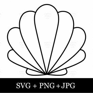 Puede incluir: Una ilustración de arte lineal en blanco y negro de una concha marina con siete segmentos redondeados distintos. Debajo de la concha, una barra rectangular negra contiene el texto blanco SVG + PNG + JPG, indicando los formatos disponibles.