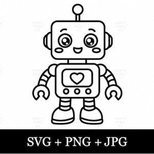 Könnte beinhalten: Eine schwarz-weiße Strichzeichnung eines lächelnden Roboters mit großen Augen, einem Herzsymbol auf der Brust und einer Antenne auf dem Kopf. Unter dem Roboter steht der Text SVG + PNG + JPG, der die verfügbaren digitalen Dateiformate angibt.