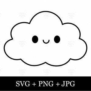 Könnte beinhalten: Eine schwarz-weiße digitale Grafik einer Wolke mit einfachem Umriss und einem lächelnden Gesicht, bestehend aus zwei soliden schwarzen runden Augen und einem geschwungenen Mund. Unter der Wolke steht der Text SVG + PNG + JPG in weißer Schrift.