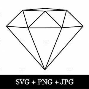 Puede incluir: Una ilustración de arte lineal en blanco y negro de una forma de diamante con múltiples facetas. Debajo del diamante, el texto dice SVG + PNG + JPG en una fuente sans-serif blanca y negrita sobre una barra de fondo rectangular negra.